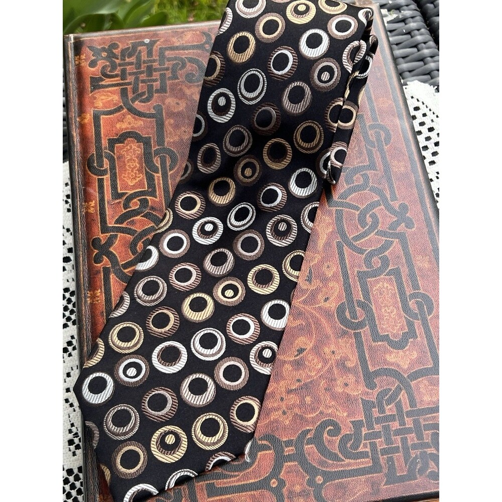 Y2K 100% Silk Men’s Tie Brown Black Geometric Circle Patt